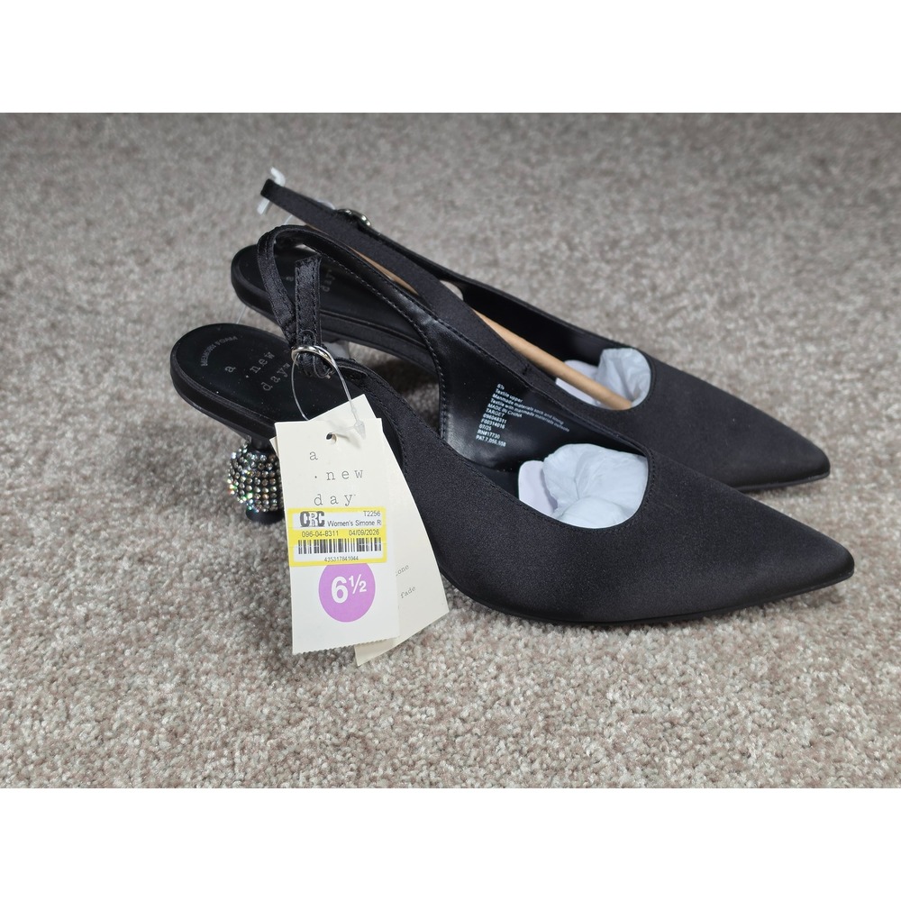 A New Day Simone Black Slingback Pumps Rhinestone Ball Heel Pointed Toe 6.5
